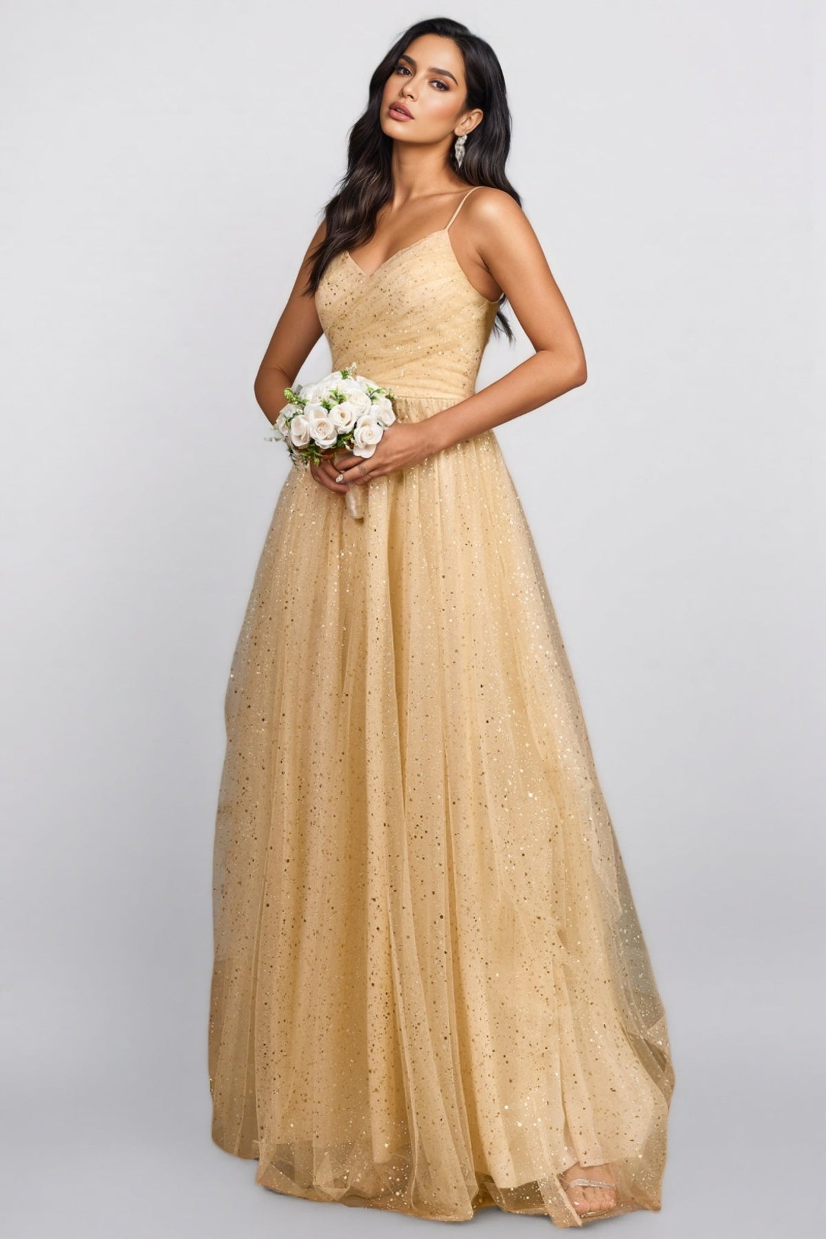 Glitter Tulle V-Neck Spaghetti Strap Ruched A-Line Maxi Gown - View 3