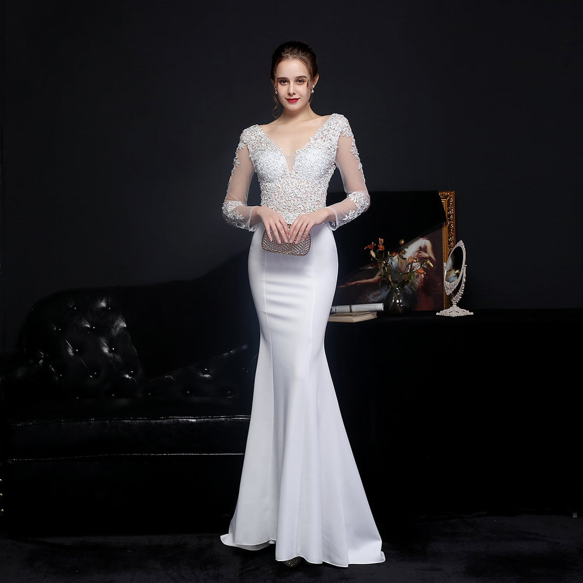 Lace V-Neck Long Sleeve Beaded Mermaid Maxi Gown - View 3