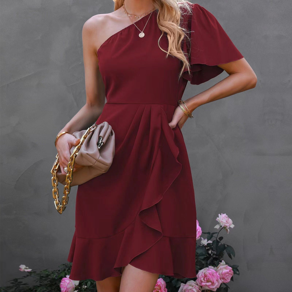 One Shoulder Flutter Sleeve Cascading Ruffle Cocktail Mini Dress - View 2