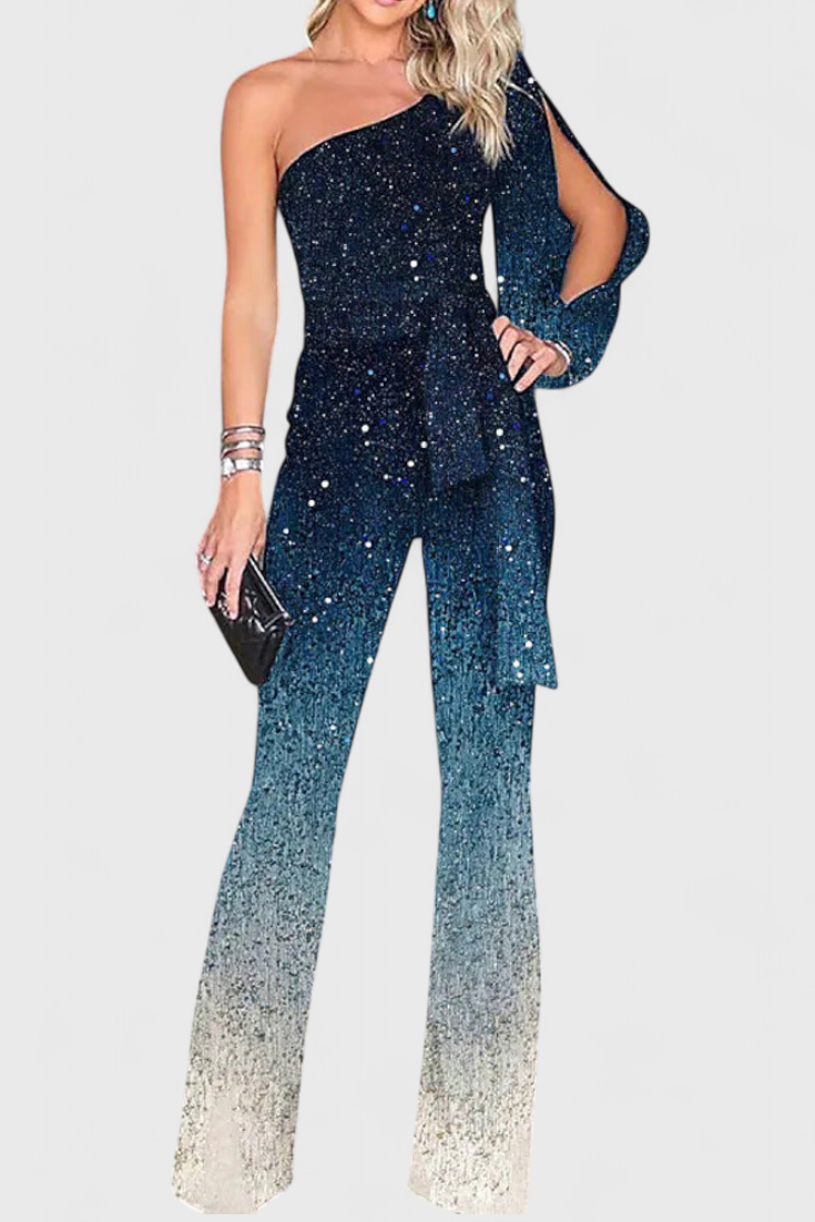 One Shoulder Long Sleeve Sequin Tie Waist Flare Leg Jumpsuit