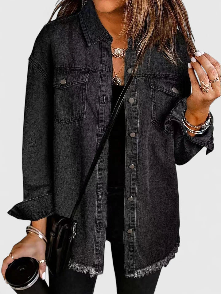 Button Front Frayed Hem Denim Shirt Jacket 8
