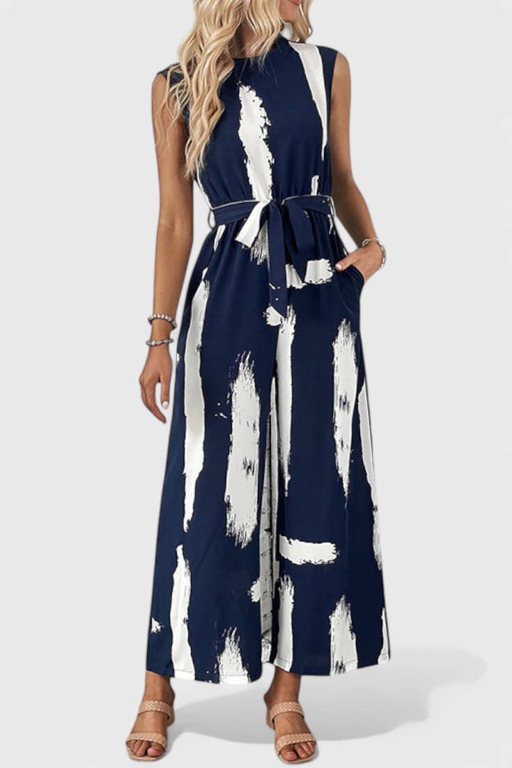 Brushstroke Print Sleeveless Belted Wide Leg Jumpsuit 2