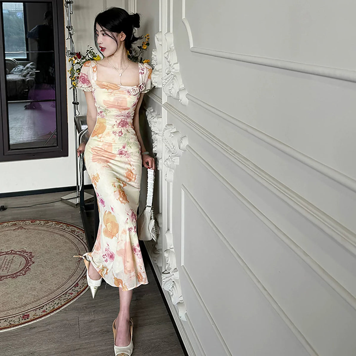 Floral Puff Sleeve Rosette Bodycon Midi Dress 7