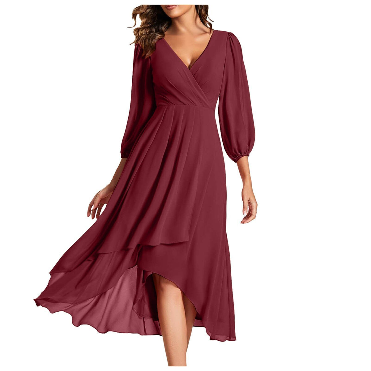 Chiffon V-Neck Long Sleeve High Low Midi Dress 8