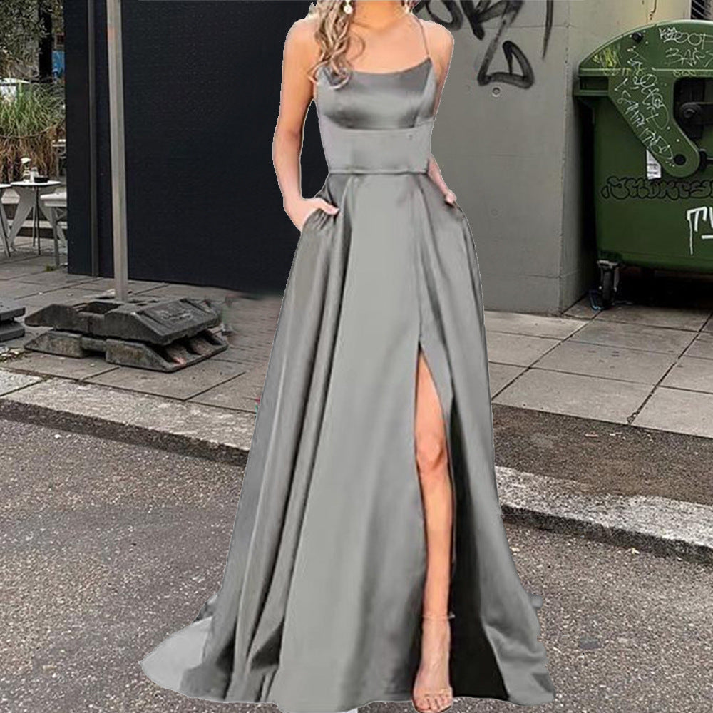 Satin Halter Neck Mermaid High Split Maxi Dress in Red - View 8