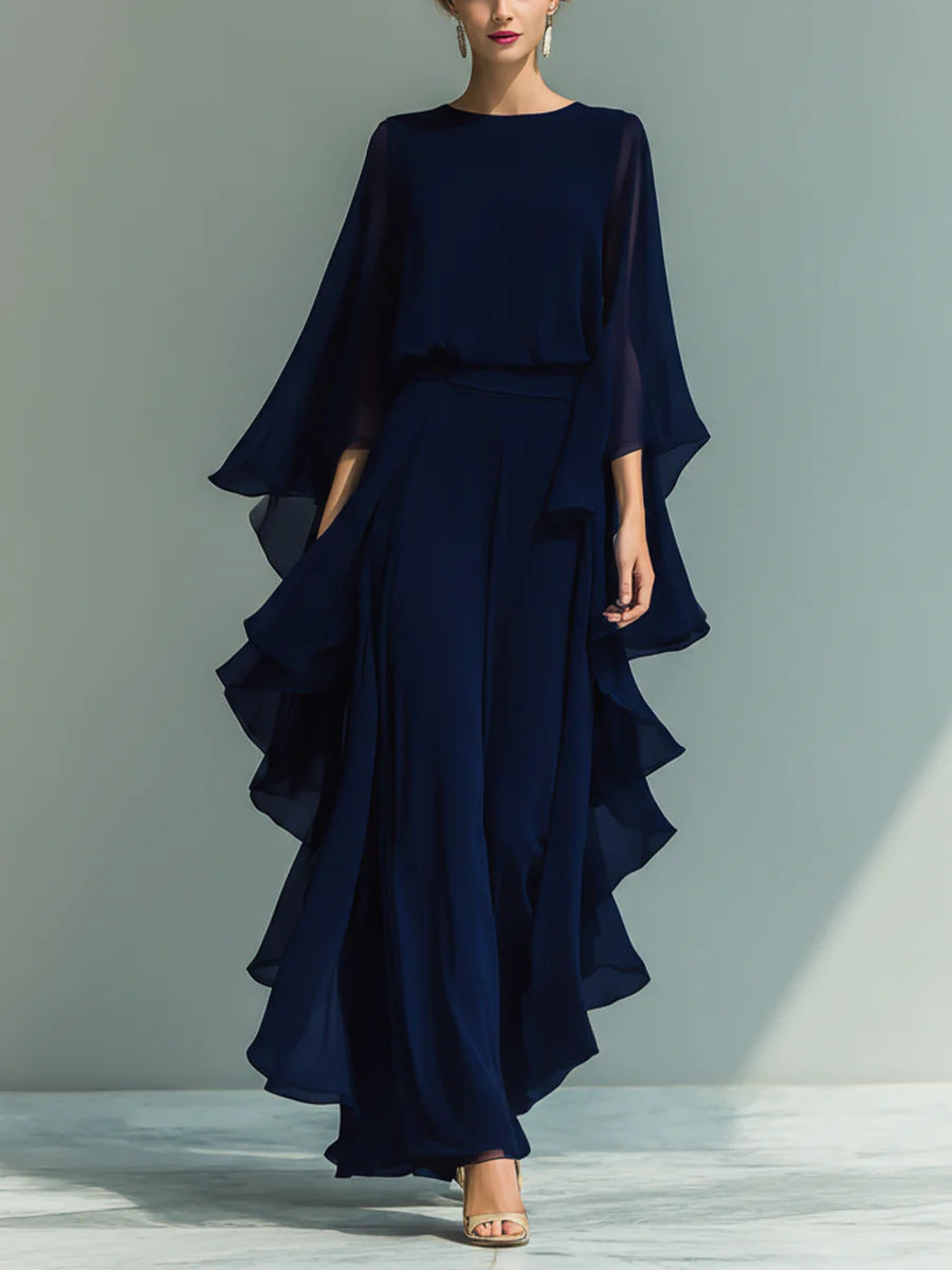 Round Neck Cape Sleeve Ruffle Wide Leg Jumpsuit 6