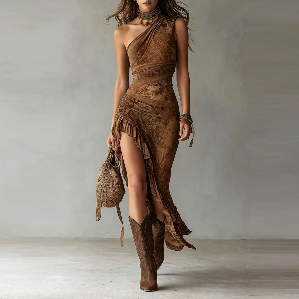 One Shoulder Ruched High Split Printed Maxi Dress 3