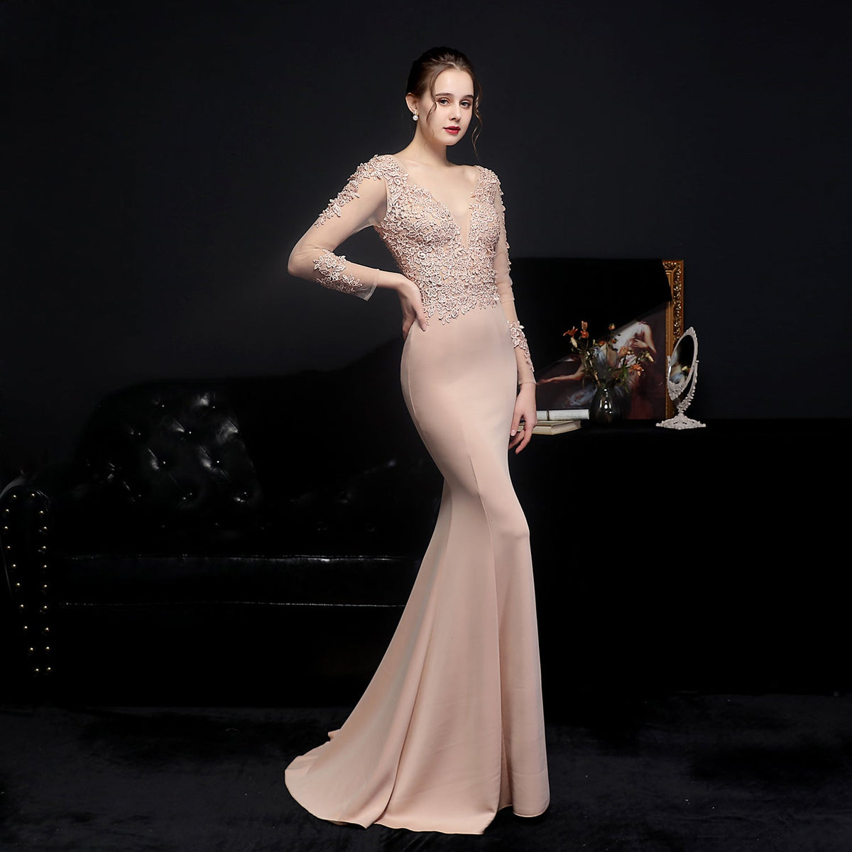Lace V-Neck Long Sleeve Beaded Mermaid Maxi Gown - View 10
