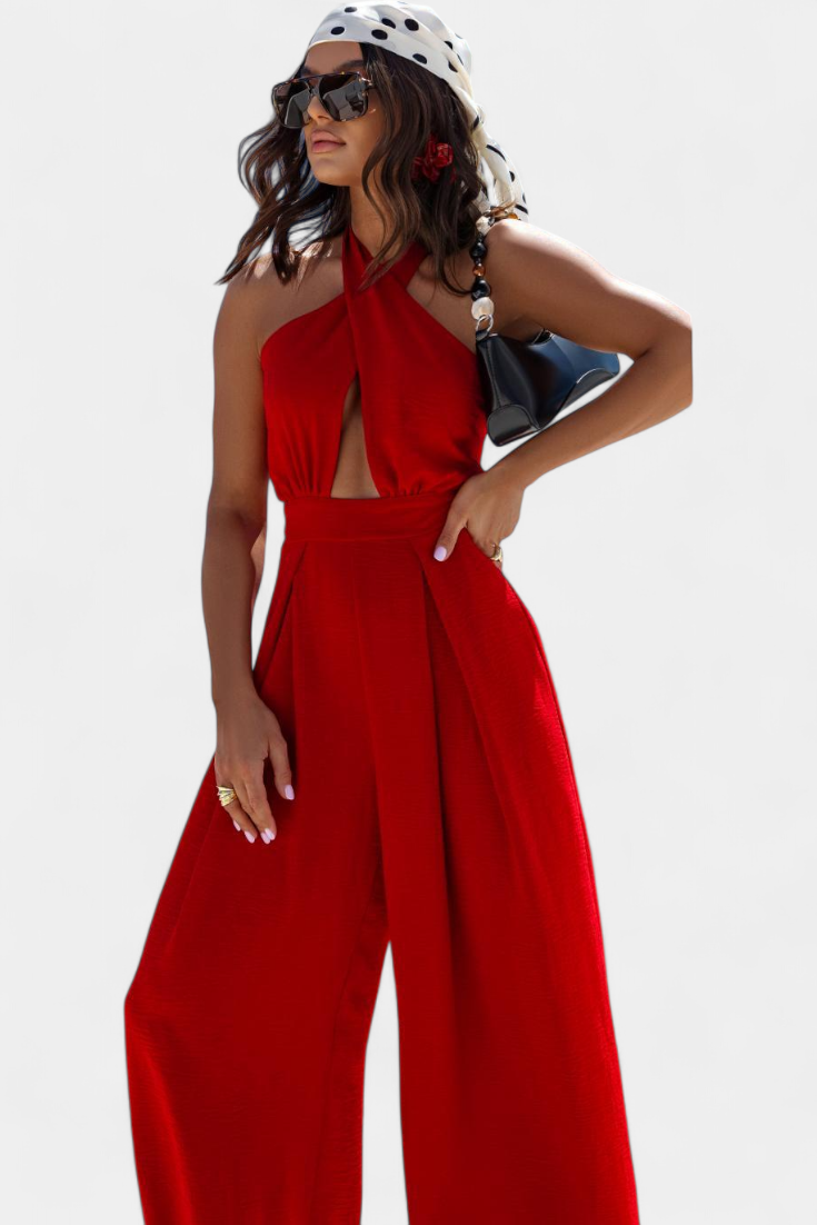 Halter Neck Cross Front Cut Out Backless Wide Leg Jumpsuit 8
