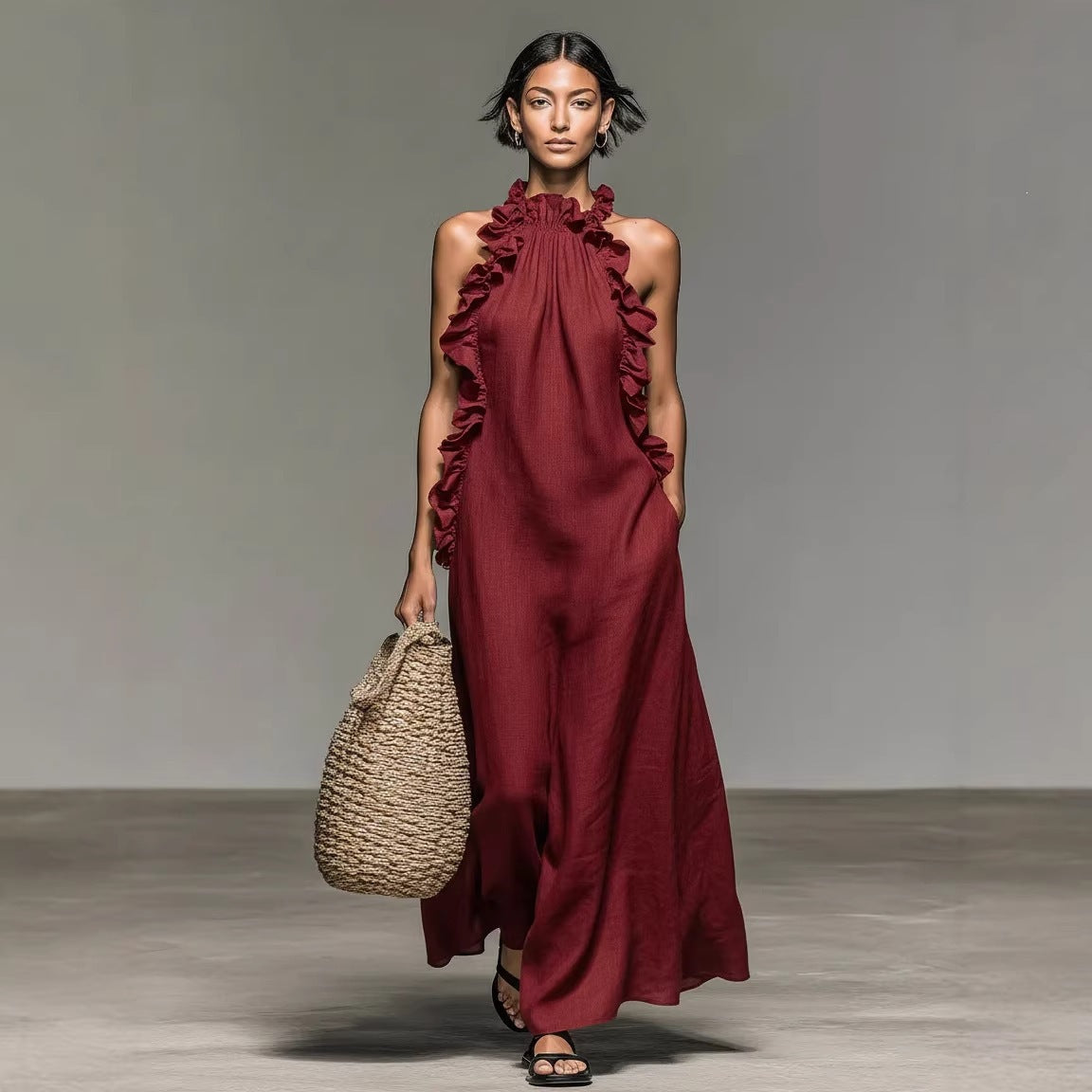 Halter Neck Ruffle Trim Sleeveless Maxi Dress 7
