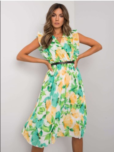 Floral V-Neck Flutter Sleeve Belted Pleated Midi Dress - View 7