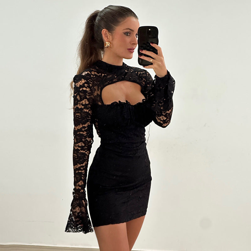 Lace Mock Neck Chest Cut Out Bell Sleeve Bodycon Mini Dress - View 4
