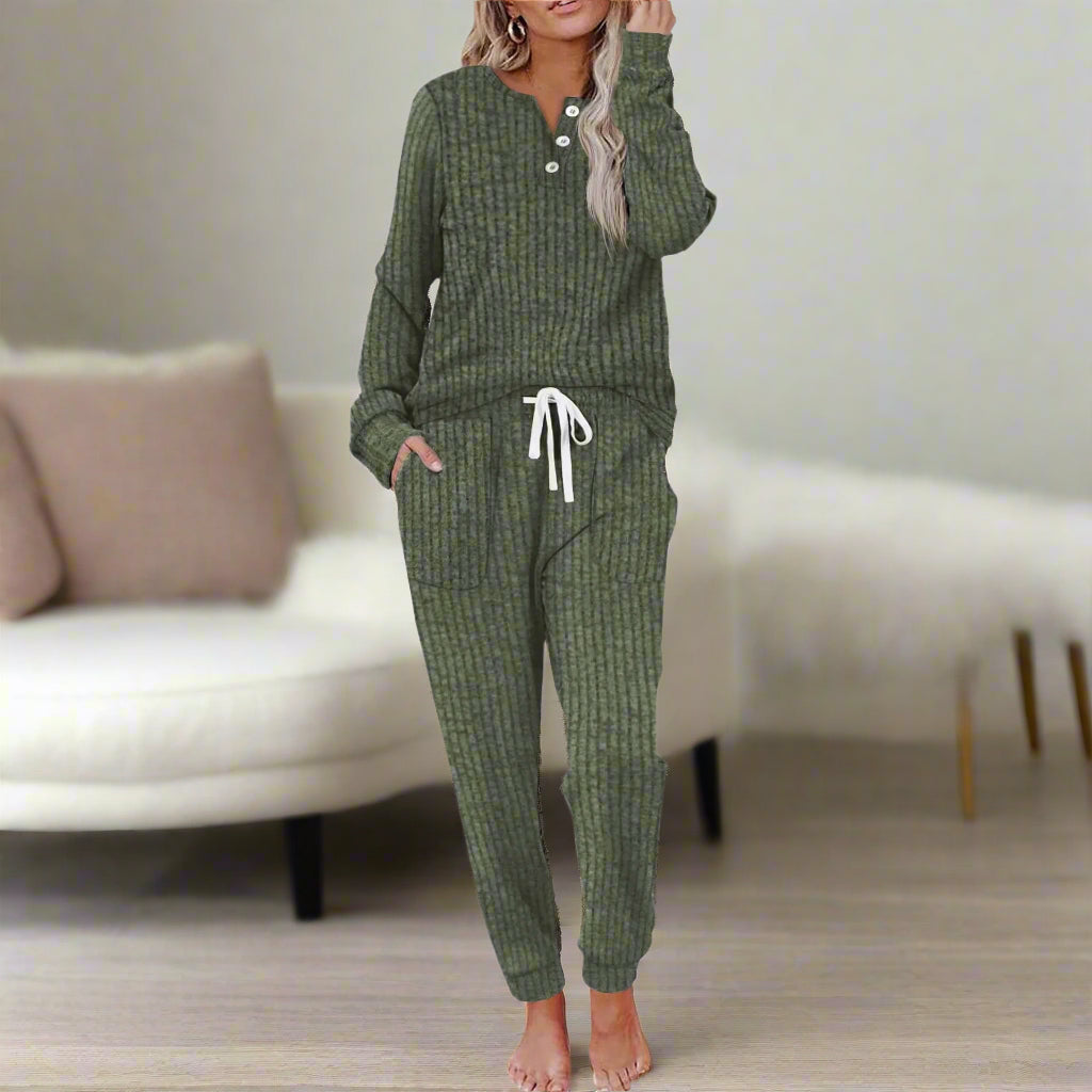 Ribbed Henley Long Sleeve Top and Jogger Two Piece Set 8