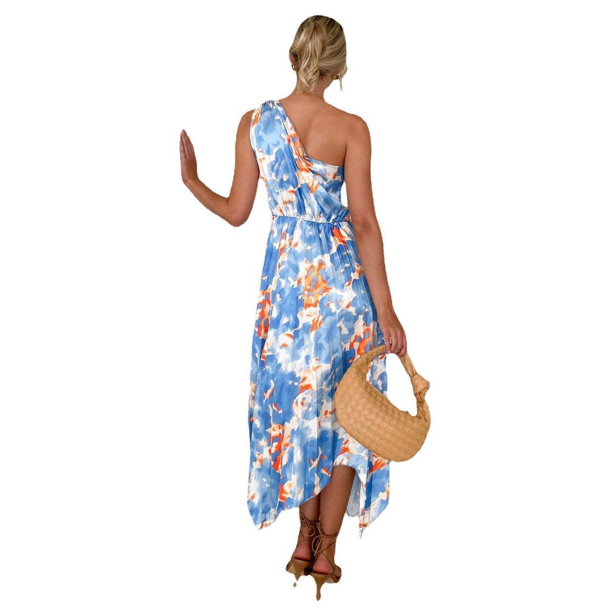 Floral One Shoulder Belted Handkerchief Hem Pleated Midi Dress - View 5