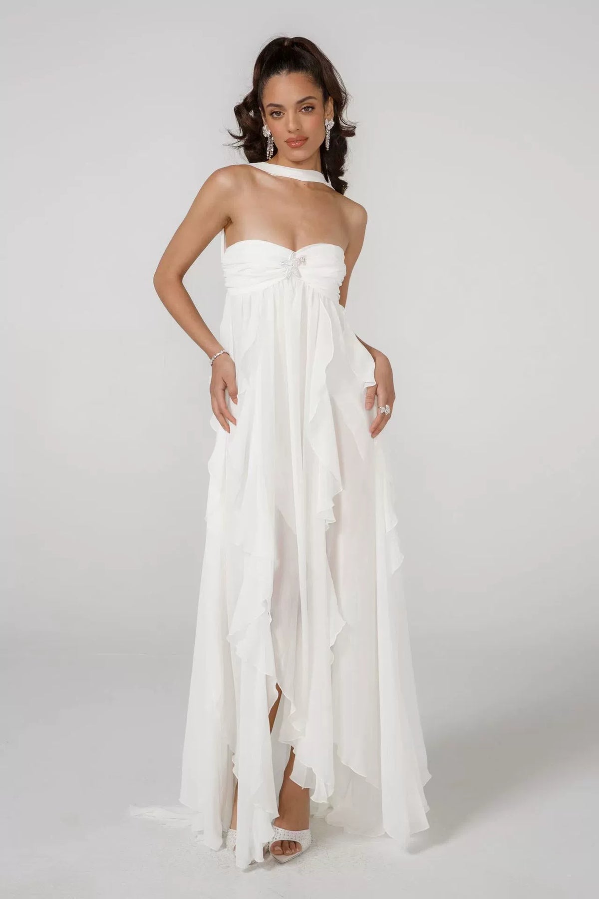Strapless Ruched Star Embellishment Tiered Ruffle Sheer Maxi Gown - View 3