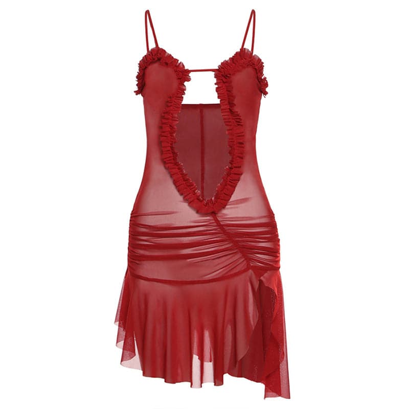 Ruched ruffle slit sheer mesh hollow out cami mini dress - View 3
