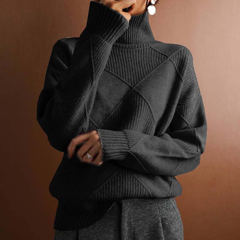 Turtleneck Long Sleeve Diamond Textured Knit Sweater 8