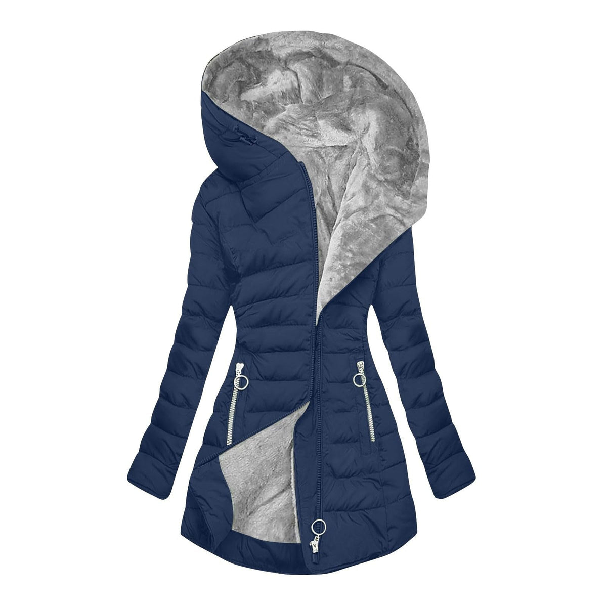Hooded Fleece Lined Zip Front Quilted Puffer Coat 12