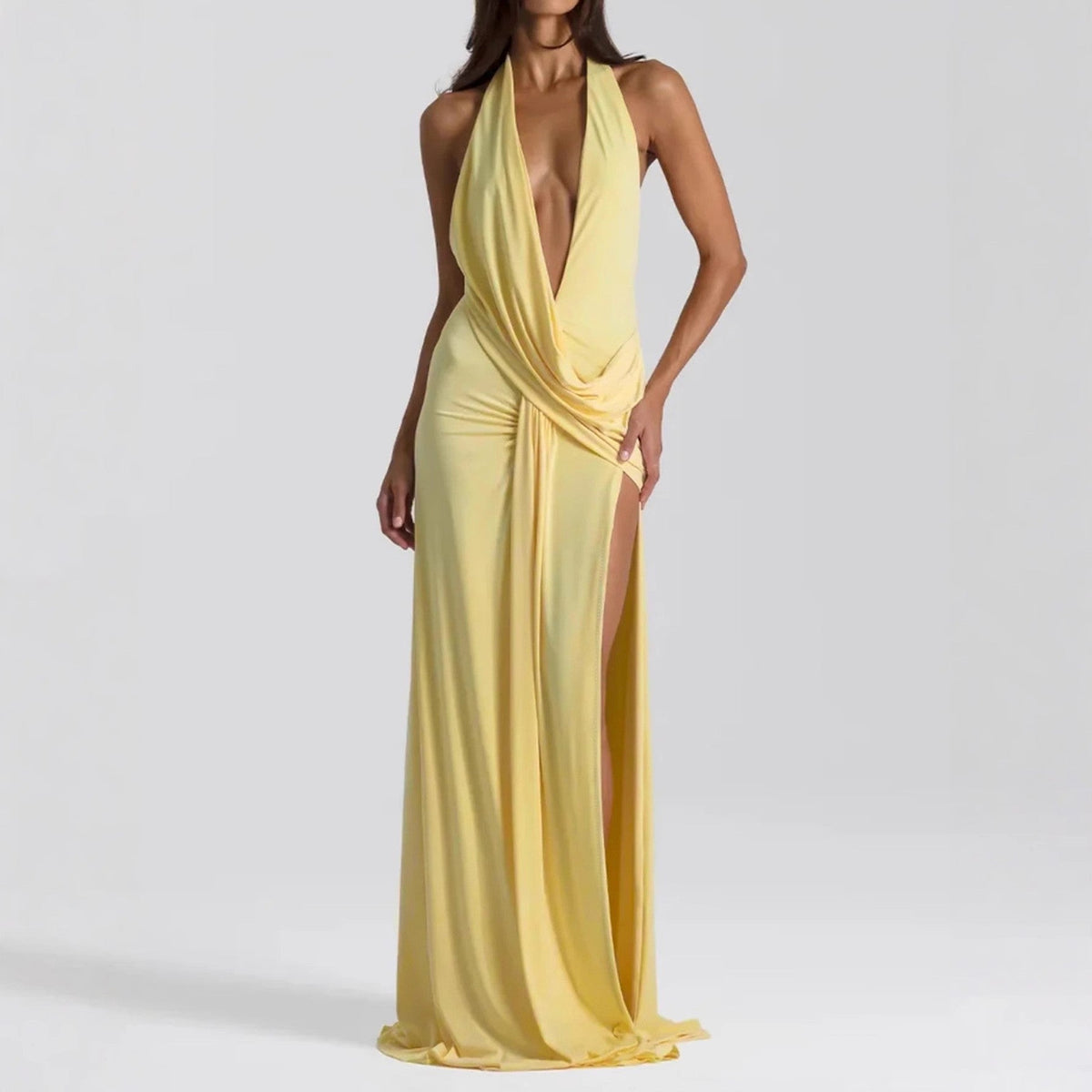 Deep V Plunge neck Lace up Backless Streamers Maxi Dress