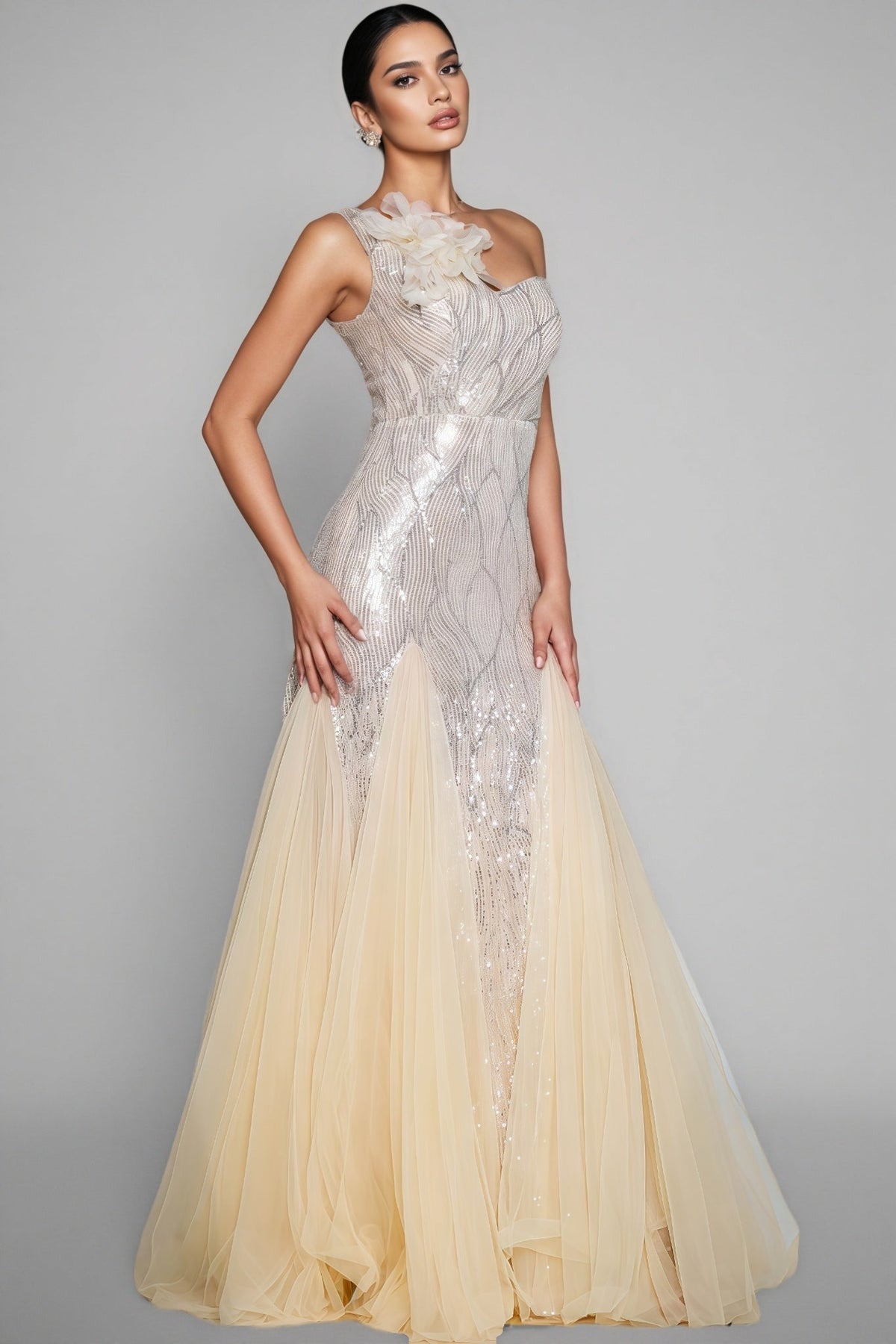 Sequin One Shoulder Floral Applique Tulle Godet Mermaid Maxi Gown - View 5