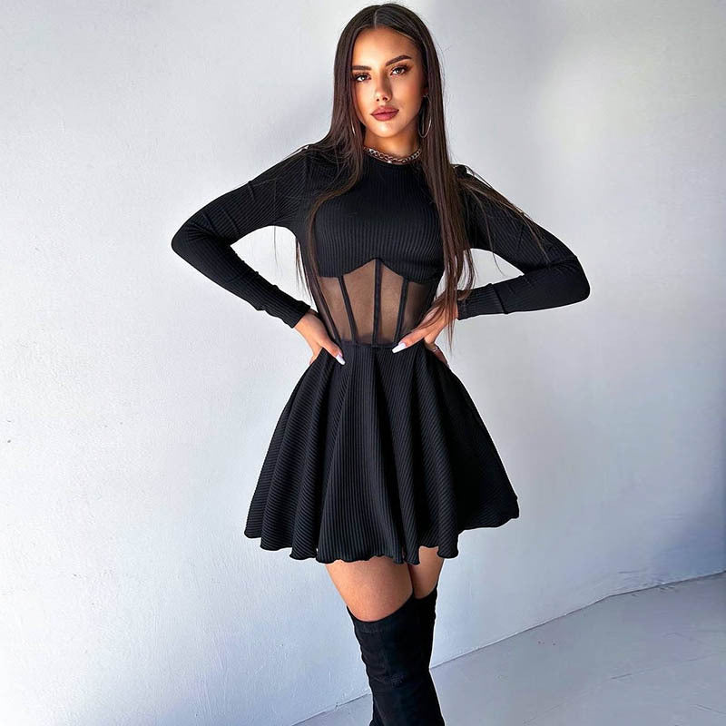 Long Sleeve Sheer Mesh Corset Waist Fit and Flare Mini Dress - View 2