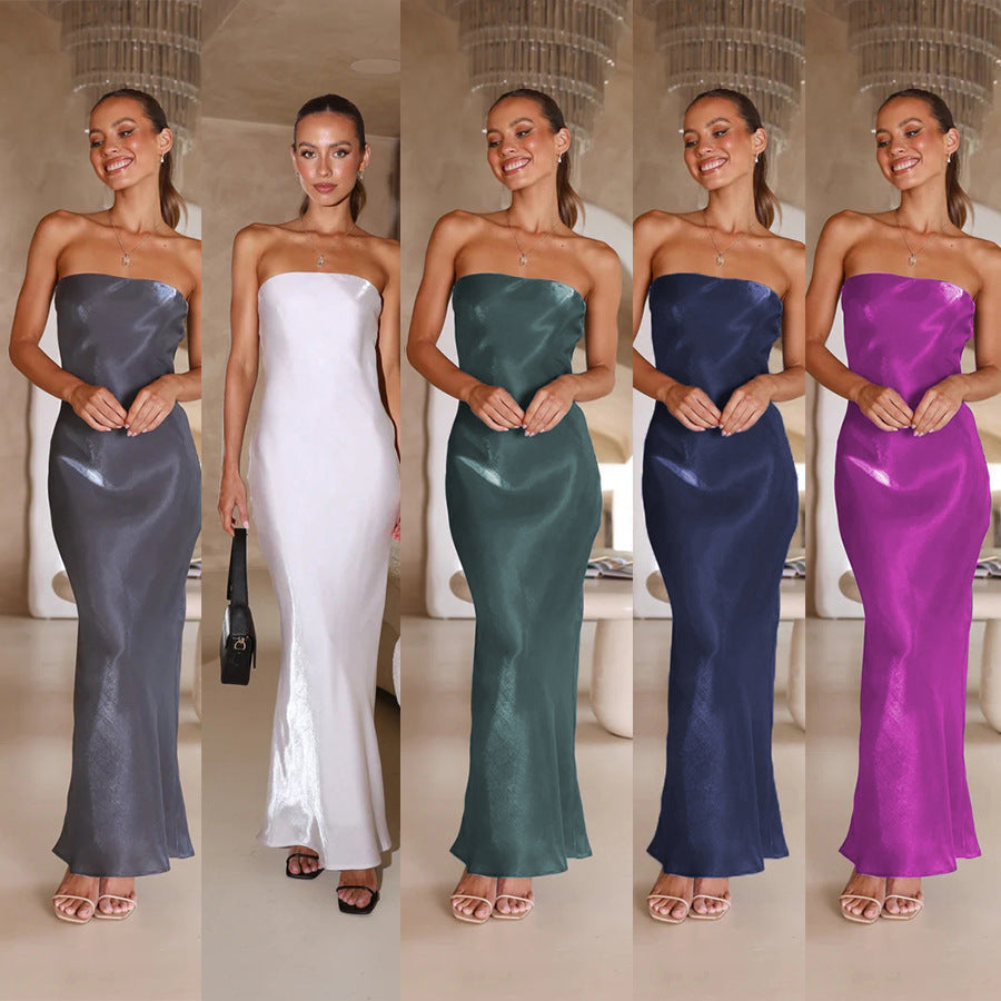 Strapless Bandeau Satin Column Bodycon Maxi Dress - View 5