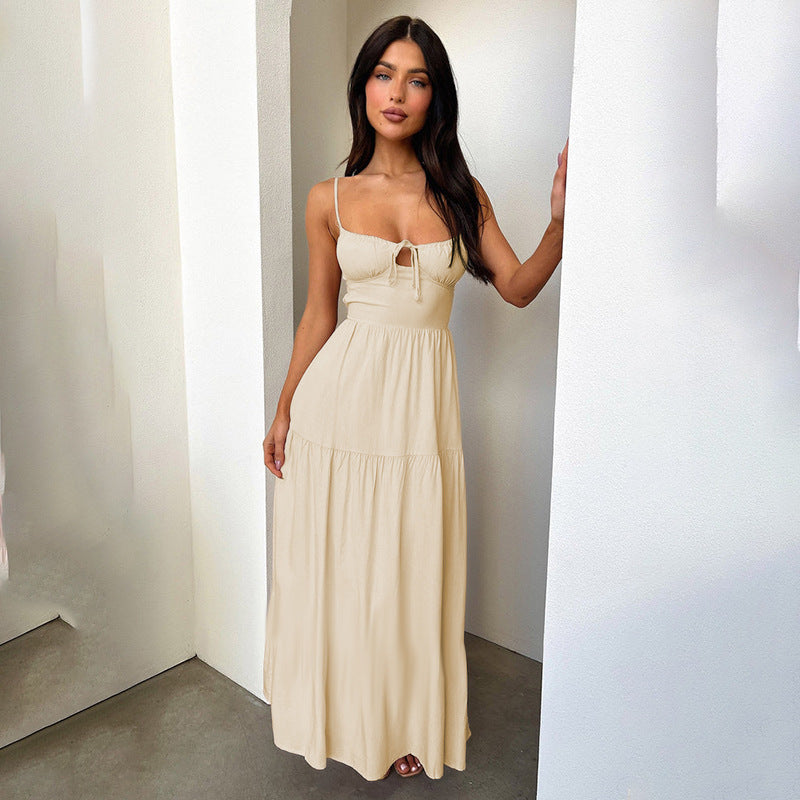 Spaghetti Strap Ruched Tie Front Bust Keyhole Tiered Maxi Dress - View 4