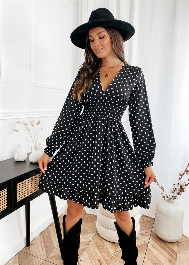 Polka Dot Deep V-Neck Long Sleeve Smocked Waist Flare Mini Dress - View 2