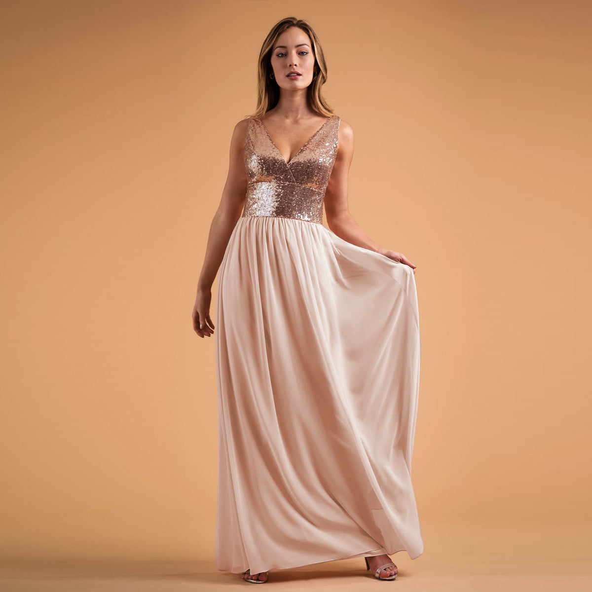Sequin V-Neck Sleeveless Chiffon A-Line Bridesmaid Gown - View 6