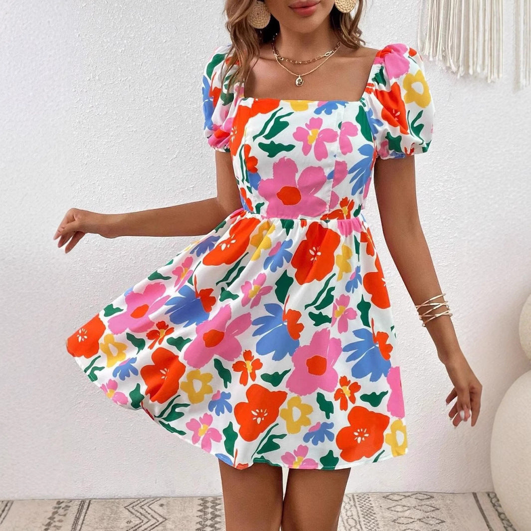 Floral Print Square Neck Puff Sleeve Tie Back Open Back Mini Dress - View 4
