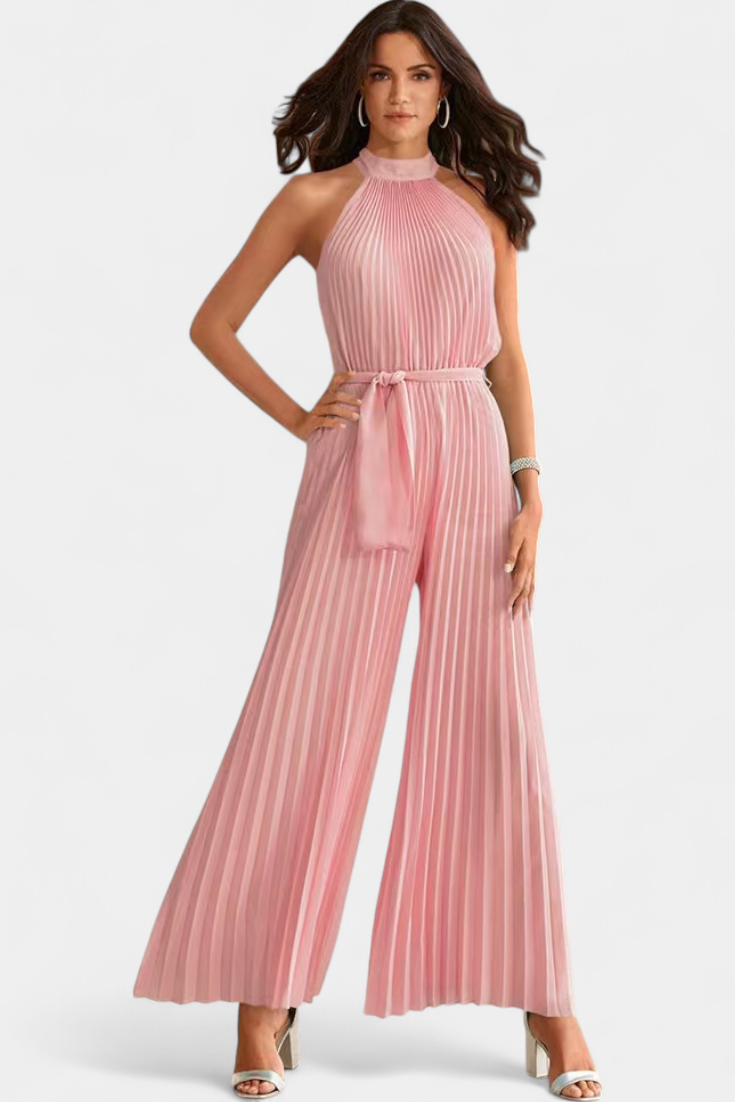 Halter Neck Pleated Belted Wide Leg Jumpsuit 12