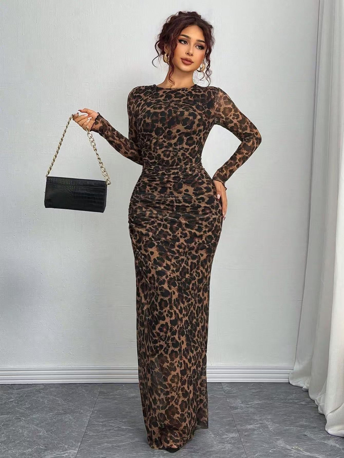 Abstract Print Mesh Ruched Long Sleeve Bodycon Maxi Dress 12