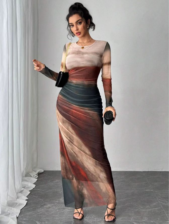 Abstract Print Mesh Ruched Long Sleeve Bodycon Maxi Dress 11