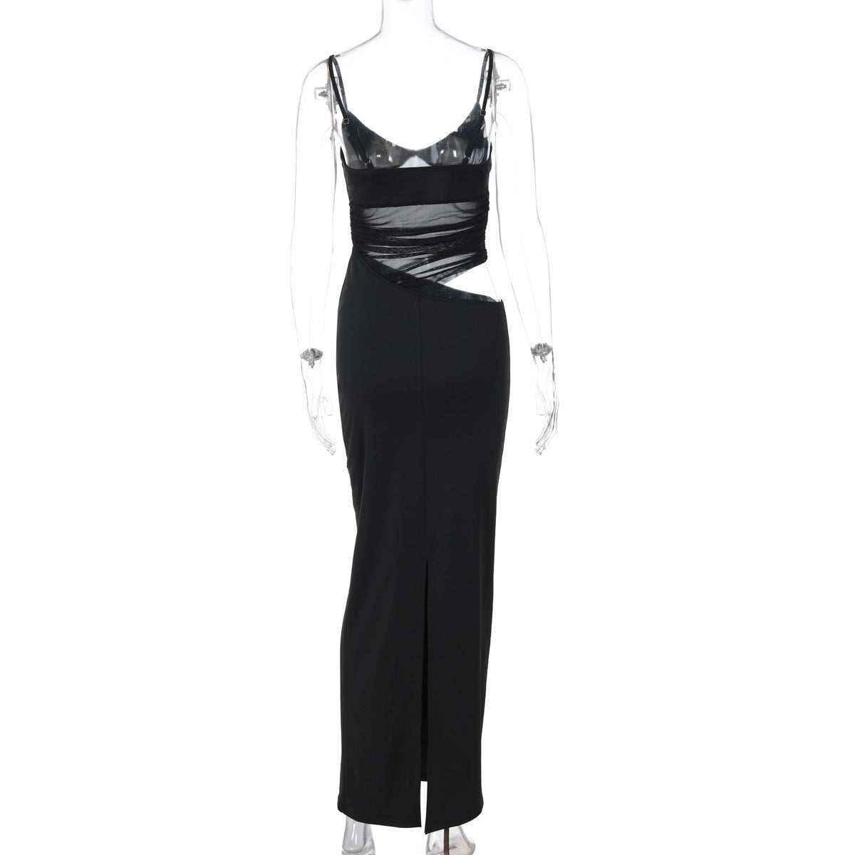 Spaghetti Strap Sheer Mesh Ruched Cut Out Bodycon Maxi Dress - View 2