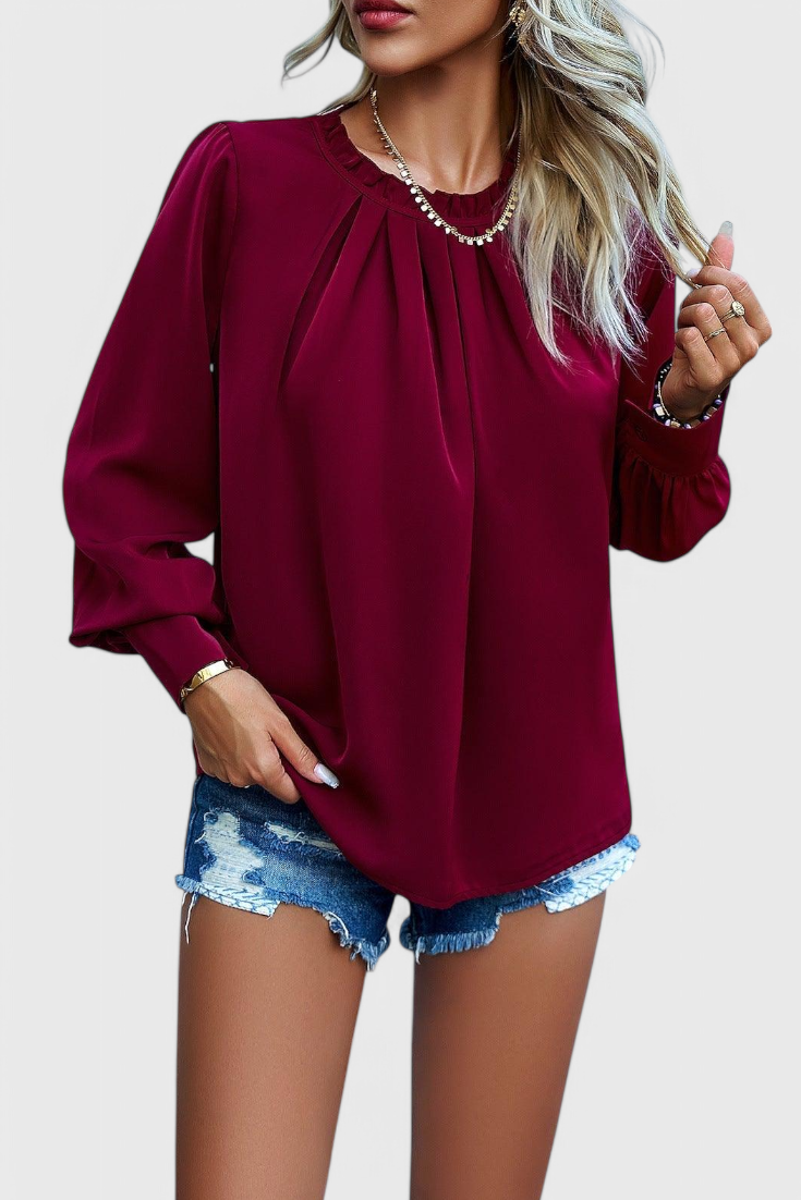 Frill Neck Pleated Front Long Sleeve Blouse 3