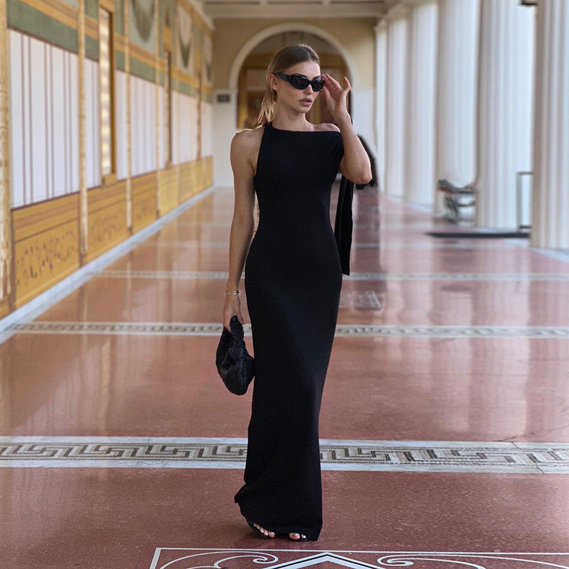 Sleeveless High Neck One Shoulder Tie Sash Bodycon Column Gown - View 3