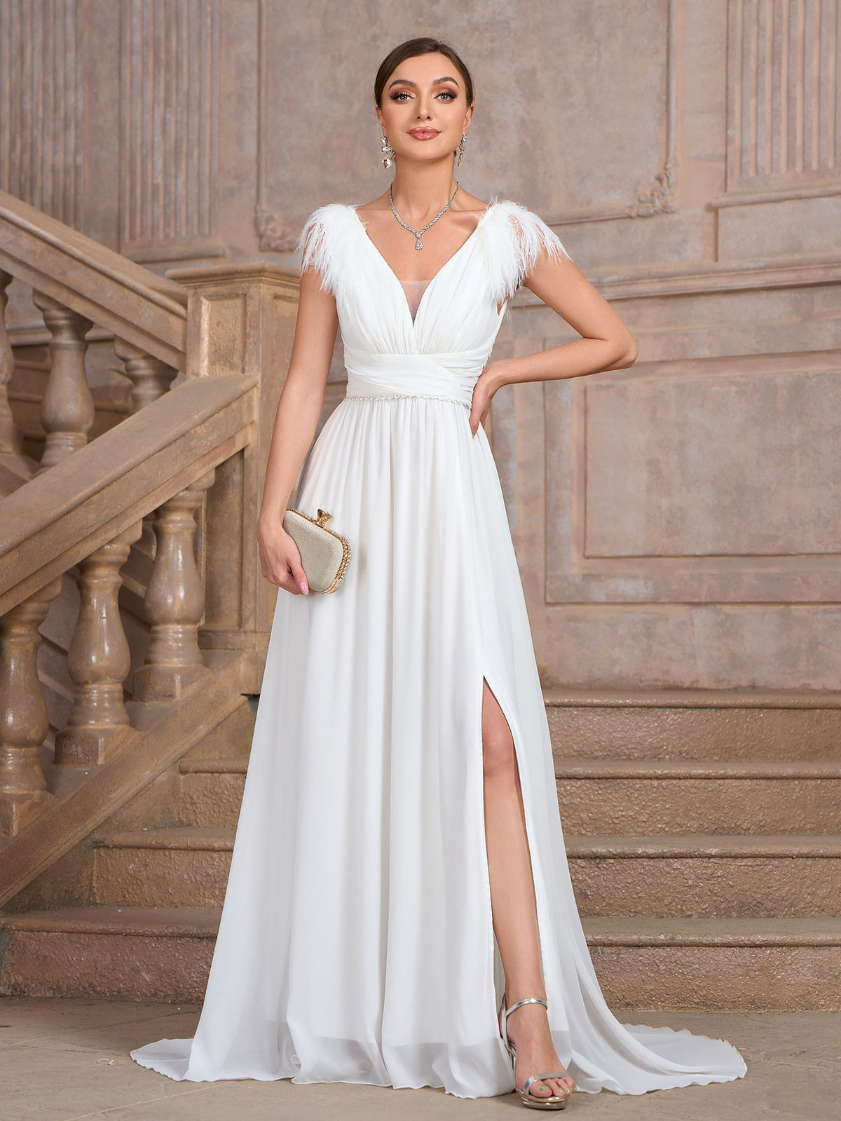 Solid Color V neck Backless Velvet Collar Chiffon Split Elegant Slim Fit Cocktail Evening Dresses - View 5