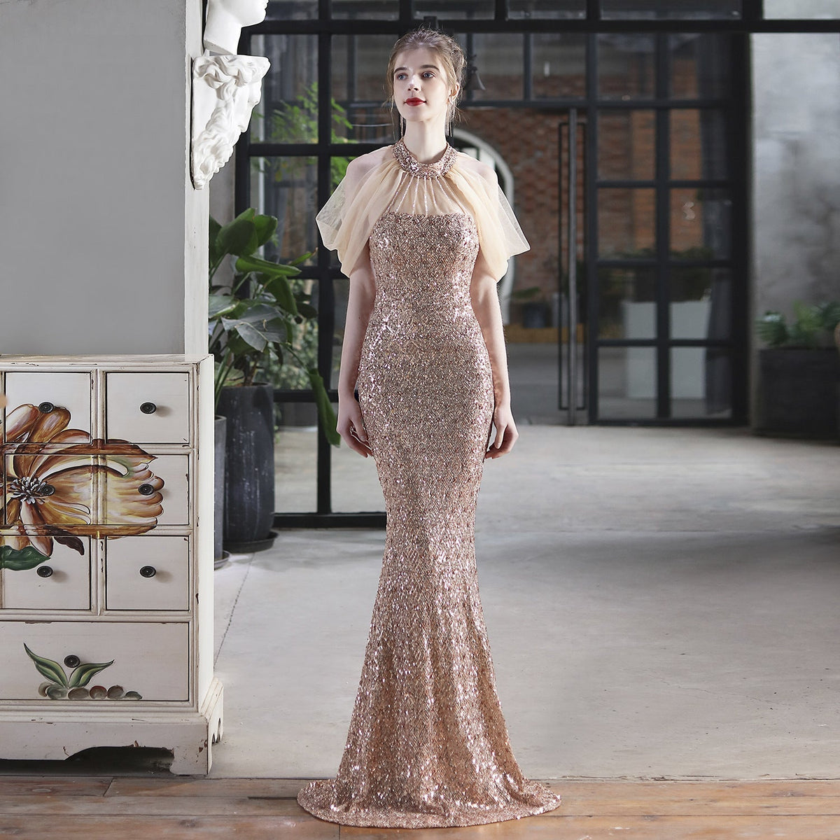 Sequin Halter Neck Sheer Cape Mermaid Gown - View 4
