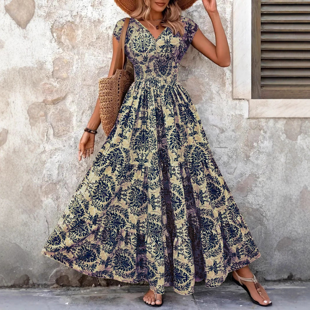 Floral Print V-Neck Cap Sleeve High Split Maxi Dress 2