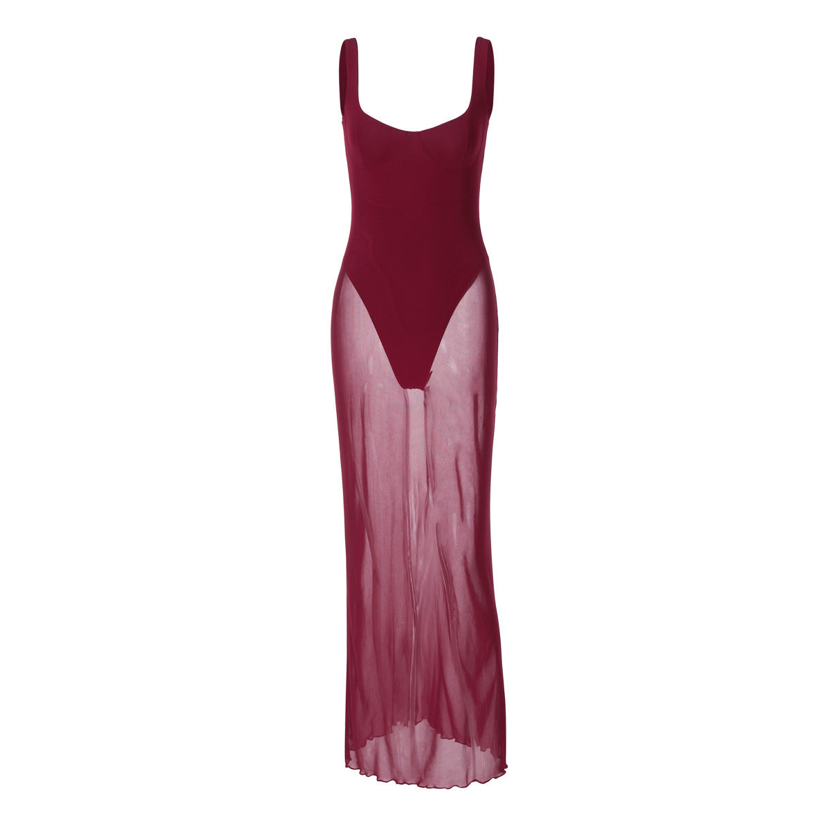 Bustier Scoop Neck Thick Strap Sheer Skirt Bodycon Maxi Gown - View 4