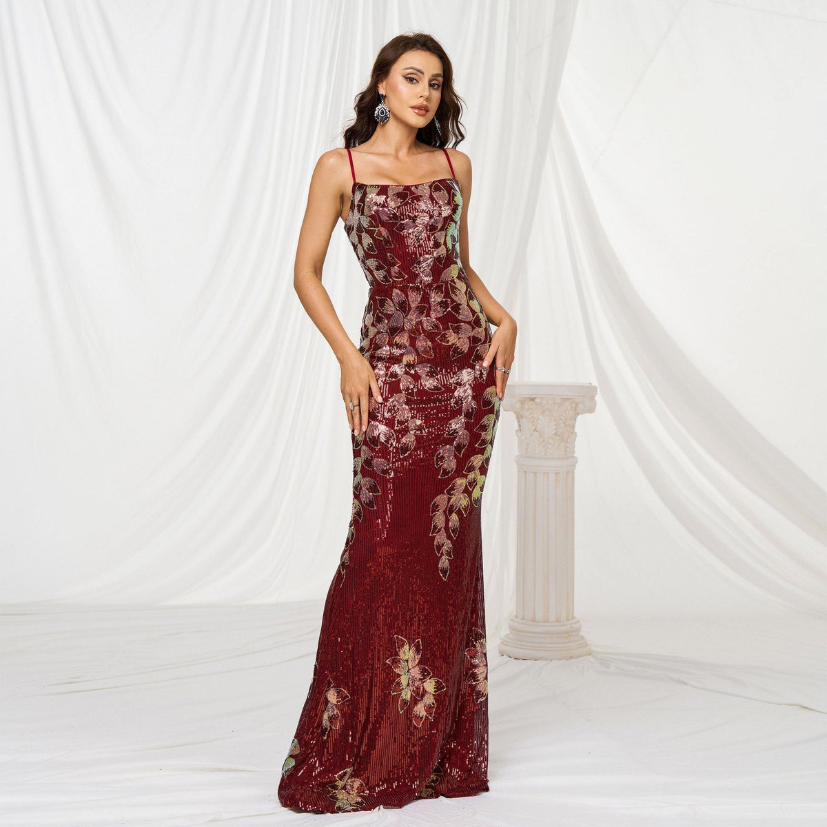 Sequin Floral Spaghetti Strap Square Neck Mermaid Evening Gown - View 2