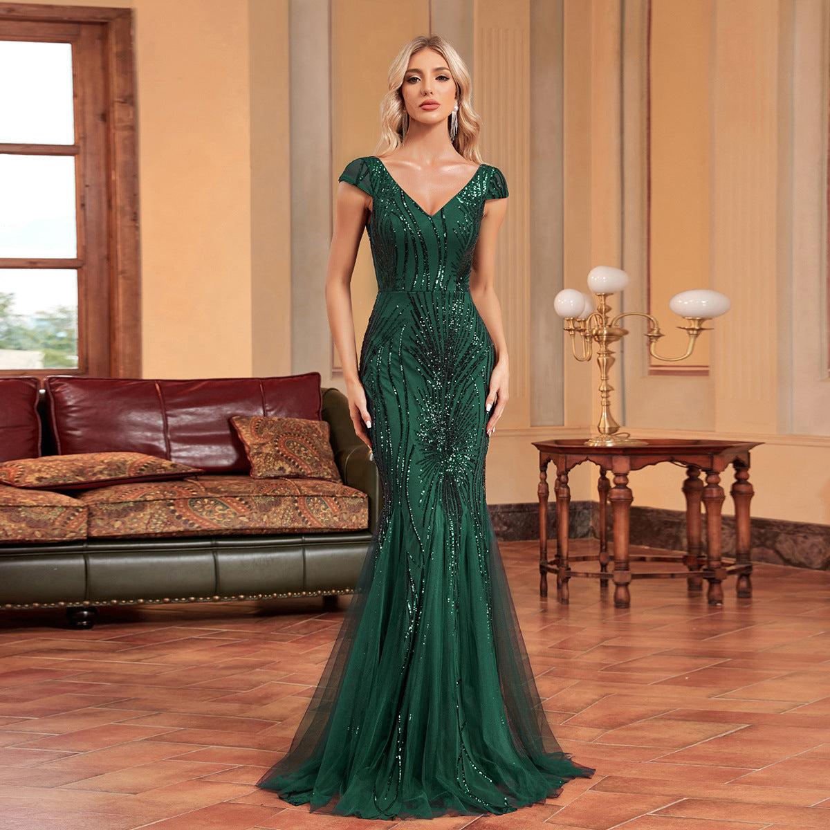 Sequin V-Neck Cap Sleeve Tulle Mermaid Maxi Gown - View 2