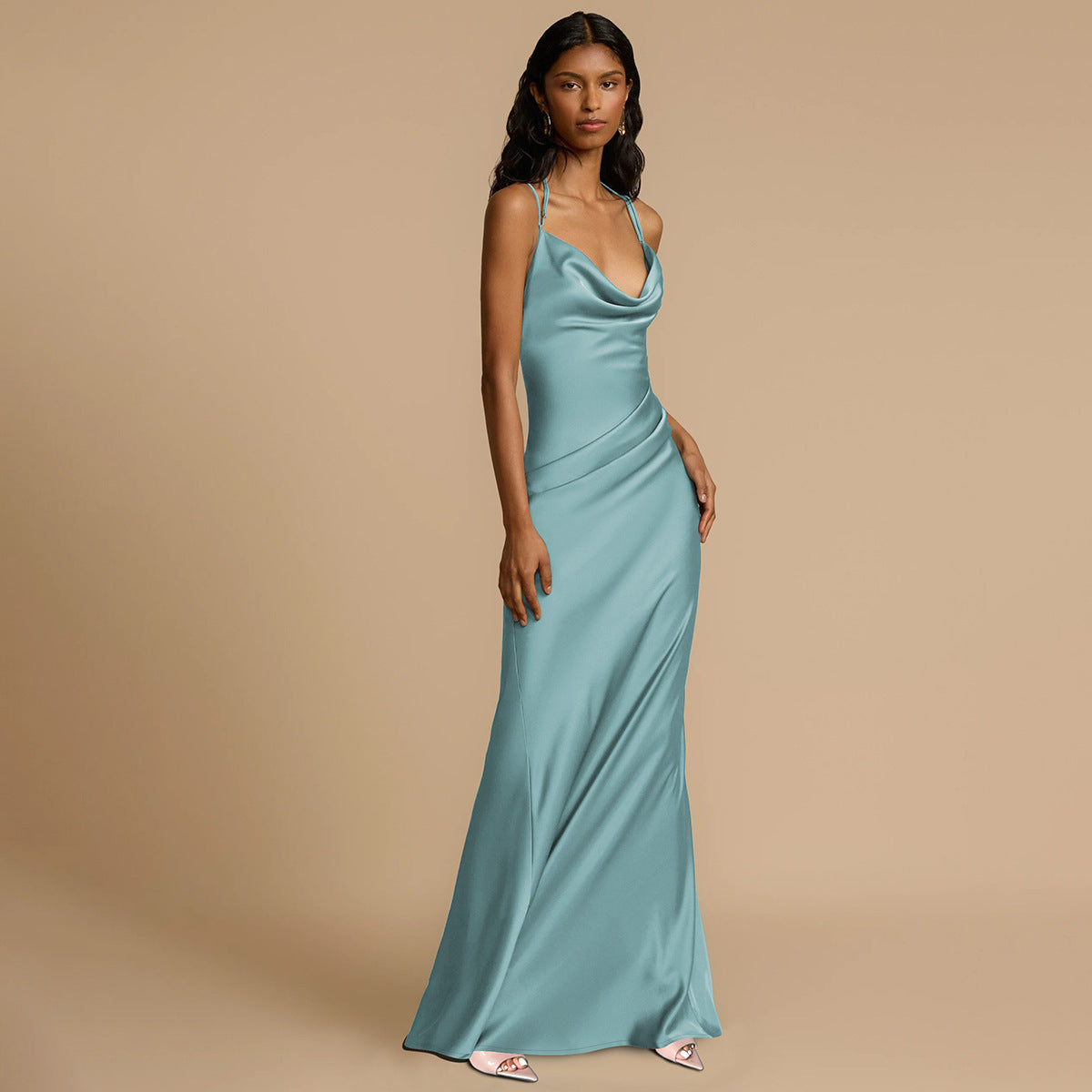 Satin Backless Halter Cross Strap Slip Maxi Gown - View 4