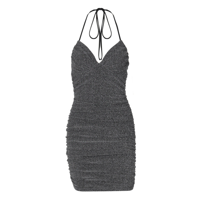 Glitter Halter Neck Ruched Bodycon Mini Party Dress - View 5
