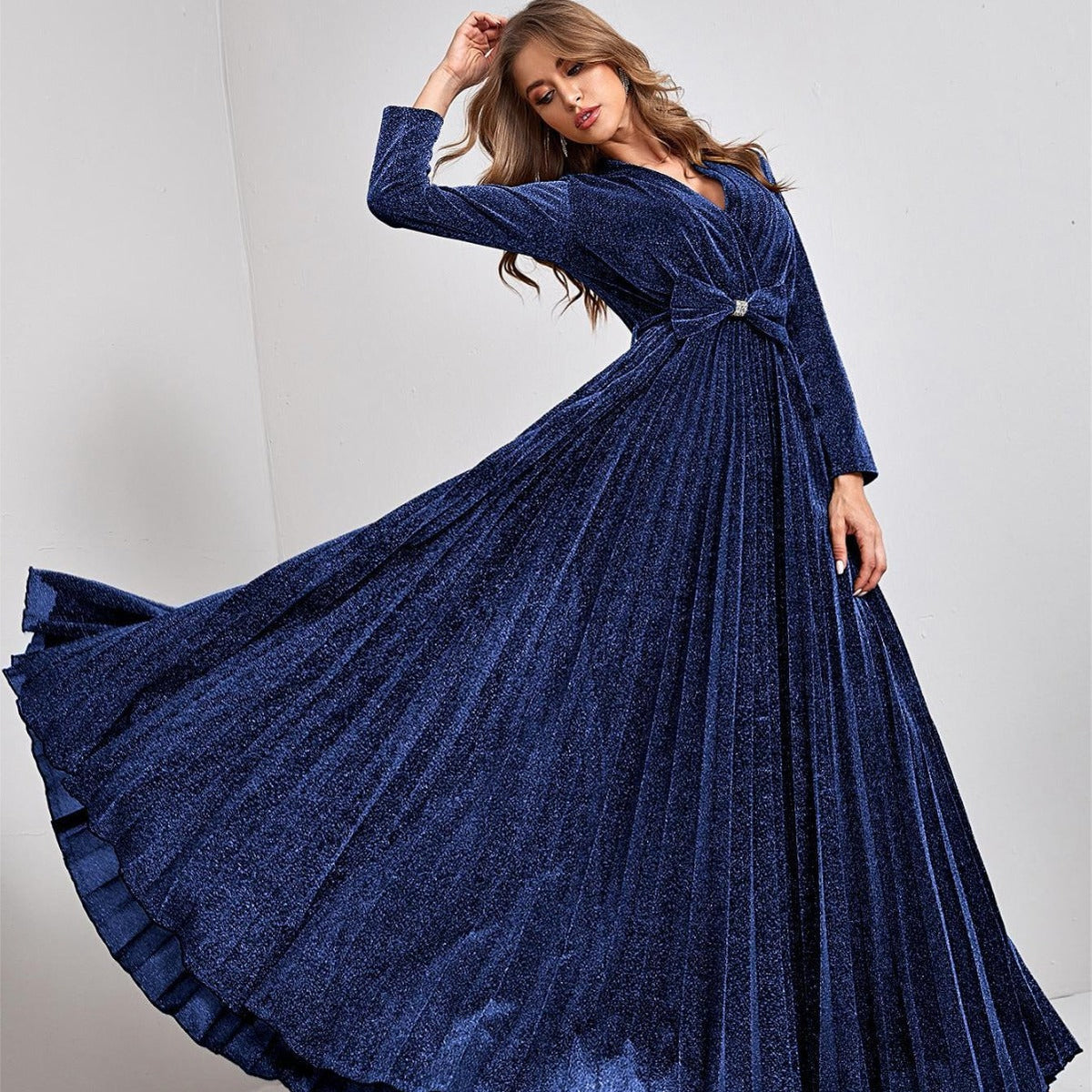 Glitter V-Neck Long Sleeve Pleated Maxi Gown