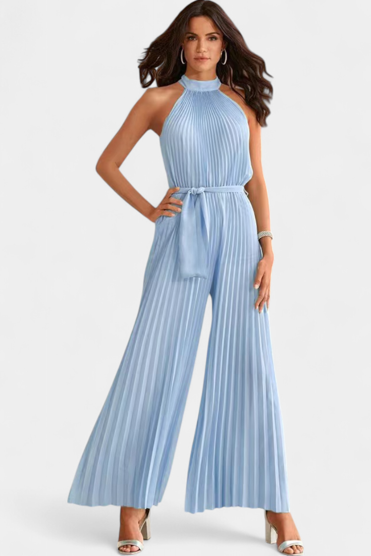 Halter Neck Pleated Belted Wide Leg Jumpsuit 7