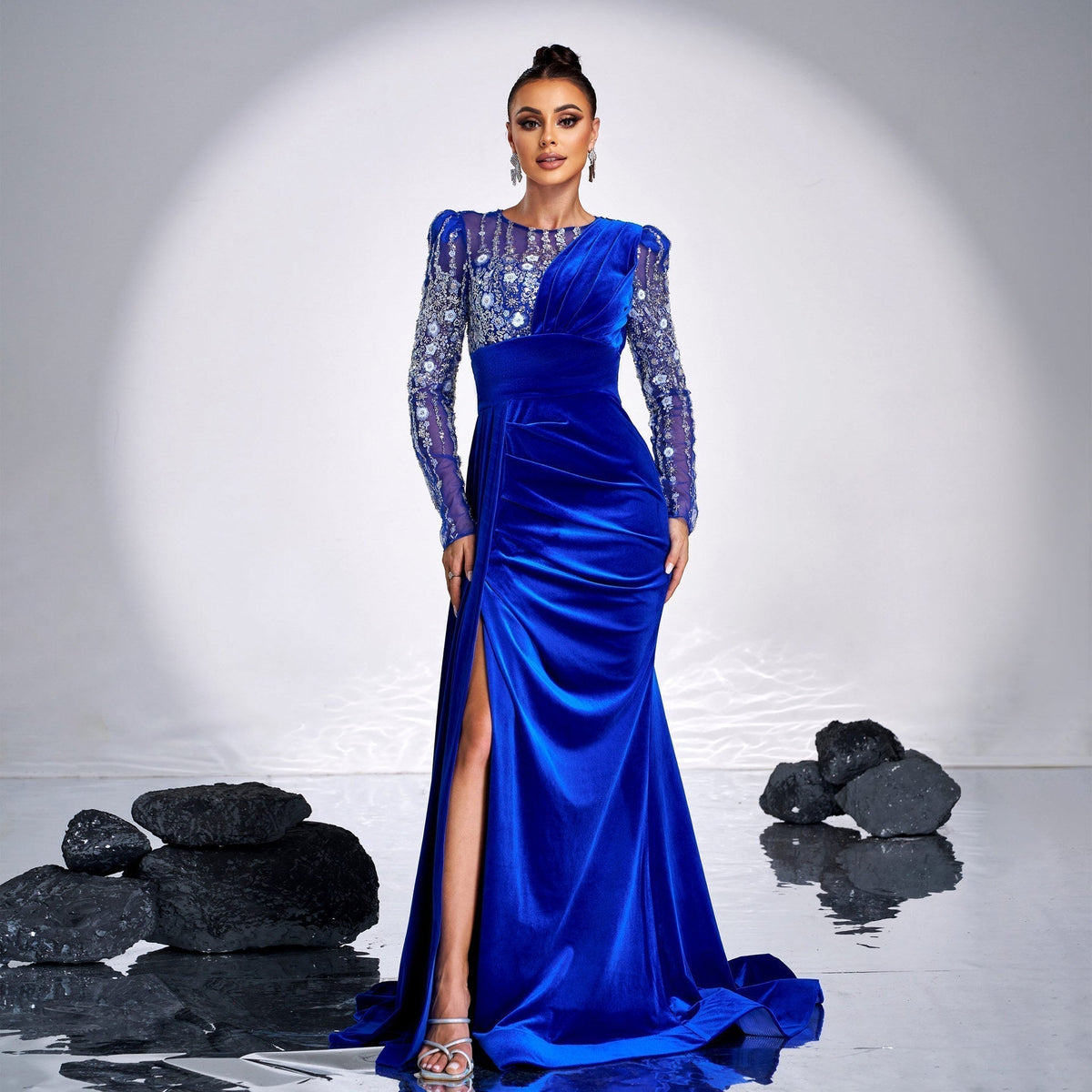 Velvet Round Neck Long Sleeve Beaded Ruched High Split Mermaid Gown