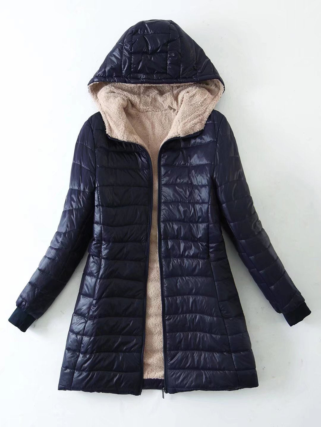 Hooded Fleece Lined Zip Front Longline Puffer Jacket 3
