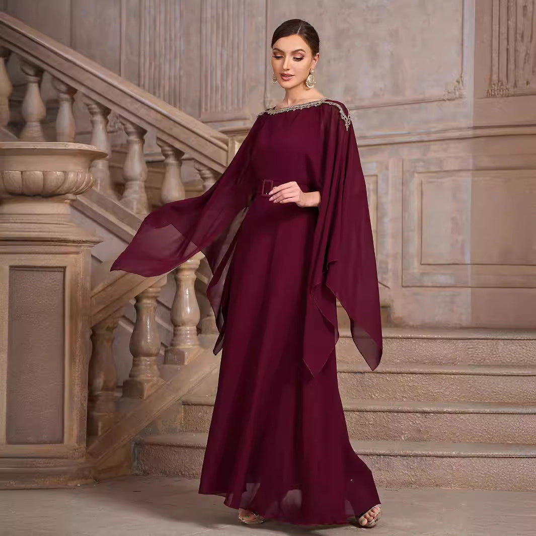 Chiffon Beaded Neckline Sheer Batwing Cape Sleeve Maxi Gown - View 4