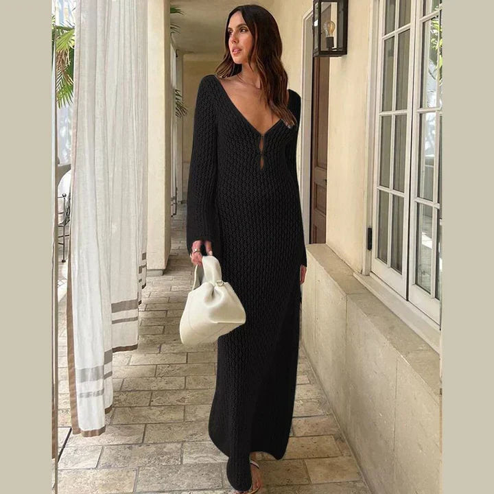 Open Knit Crochet Deep V-Neck Keyhole Bell Sleeve Bodycon Maxi Dress - View 3